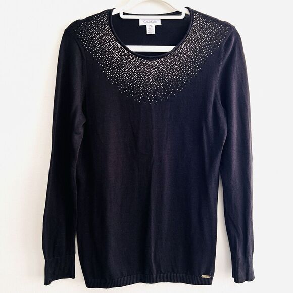 🎉Clearance🎉Calvin Klein Black & Gold Sparkly Stretchy Pullover Sweater Medium - Picture 1 of 8